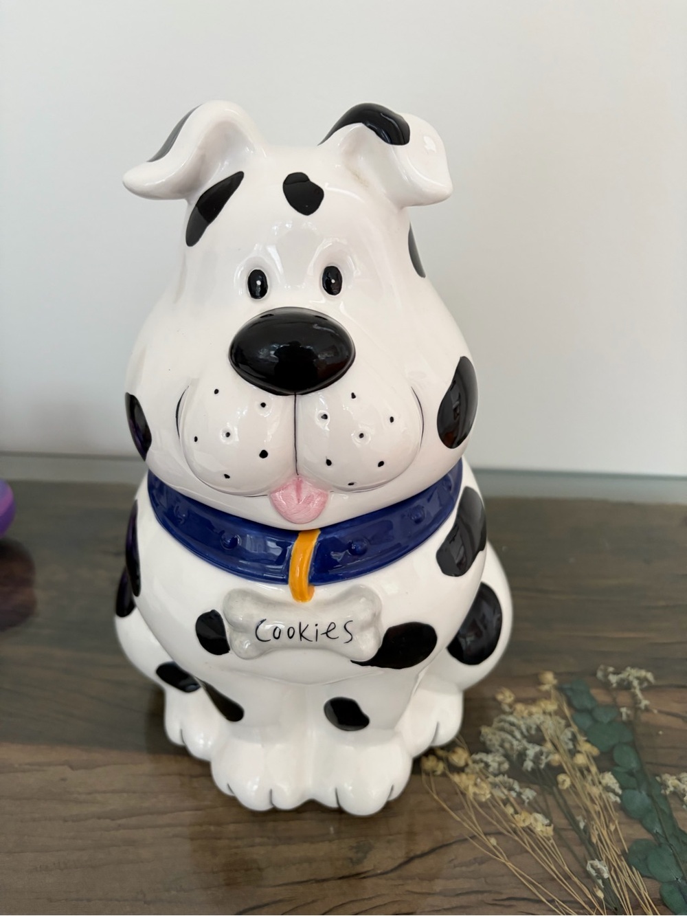 Holiday Time White and Black Ceramic Dog Cookie Jar - in box